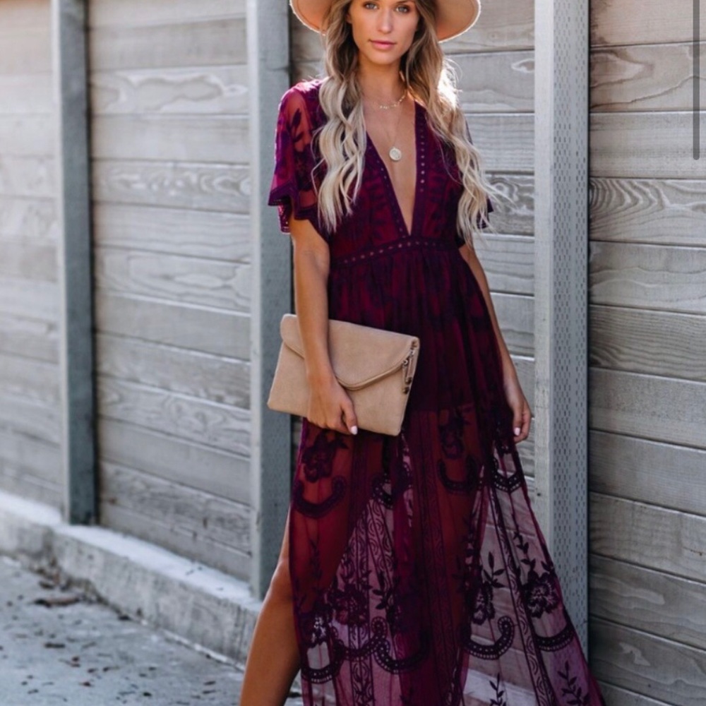 Wine Lace Maxi Romper